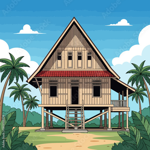 Iconic traditional malay house architecture in tropical setting cartoon illustration