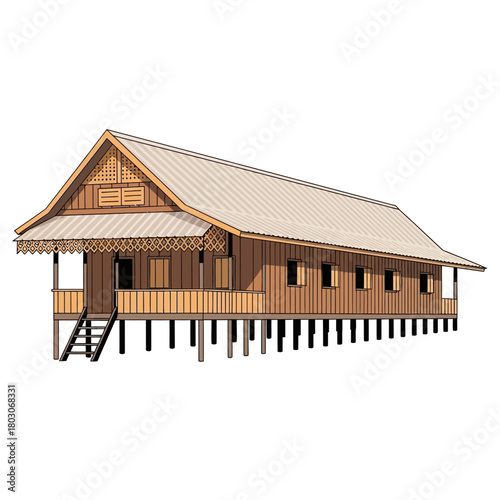 Illustration of a Raised Traditional Wooden House on Stilts Design