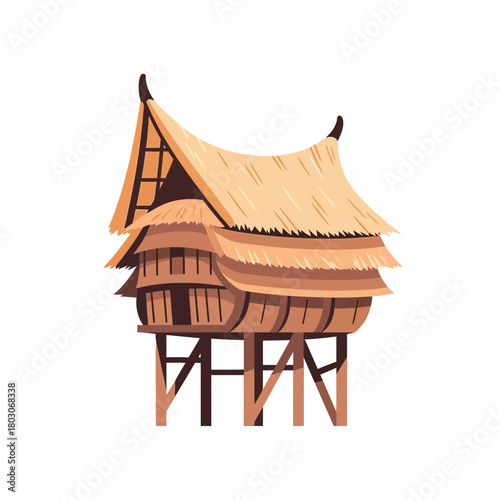 Illustration of a traditional Southeast Asian stilt house with thatch roof