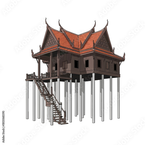 Illustration of a wooden stilt house with stairs in traditional architectural style