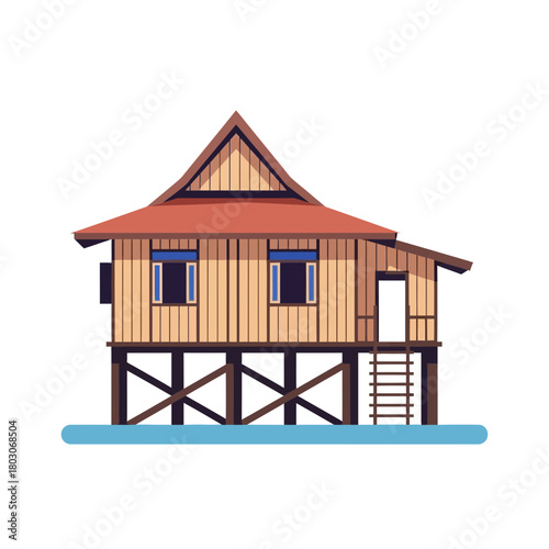 Stylized floating house illustration, traditional architecture design