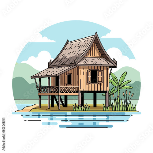 Stylized floating stilt house design with tropical background vector art