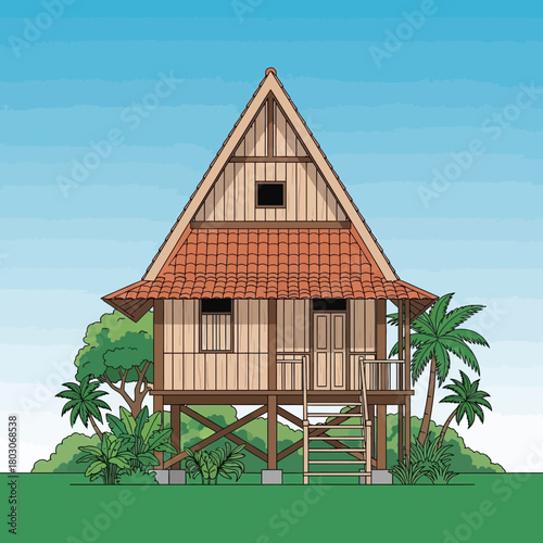 Stylized illustration of a traditional stilt house amidst tropical foliage