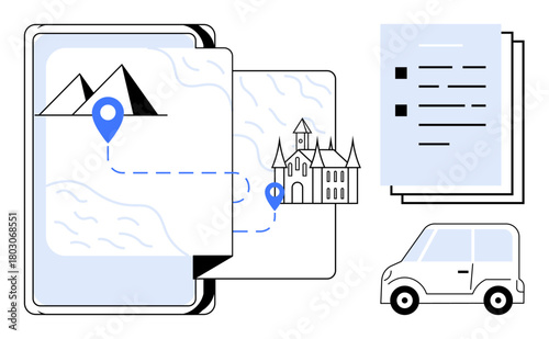 Map on tablet with pinpointed route, location marker, mountain, castle, itinerary, and car. Ideal for travel, navigation tourism planning exploration mobility technology. Simple flat metaphor