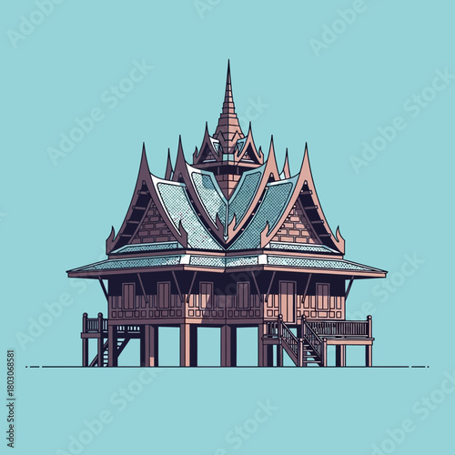 Stylized illustration of an ornate traditional Thai house on stilts