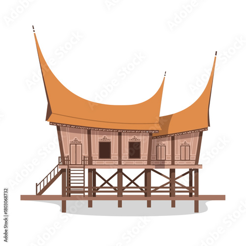 Traditional Minangkabau House Illustration, Distinctive Roof Architecture, Indonesia