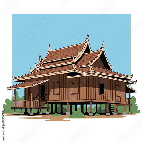 Traditional Thai House Illustration Featuring Unique Architectural Style