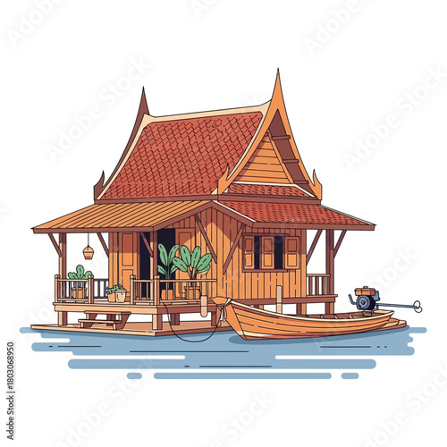 Unique traditional thai house on the water with a longtail boat illustration