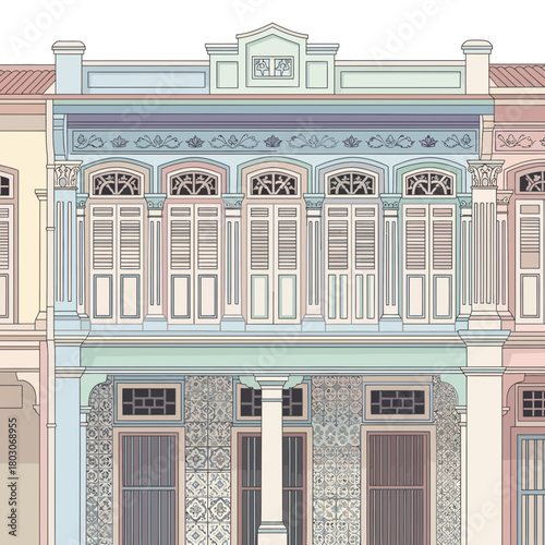 Vintage Peranakan-Style Shophouse Facade with Pastel Colors and Intricate Details