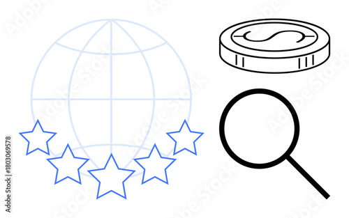 Globe with stars representing quality or excellence, coin suggesting currency or value, and magnifying glass for analysis. Ideal for finance, global business, quality assurance, inspection, ratings