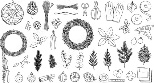 Hand-Drawn Christmas Wreath Making Elements: DIY Holiday Decorations, Festive Supplies, and Botanical Details