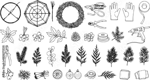 Wreath Making Supplies: Hand-Drawn Sketch Set