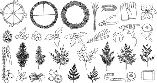 Christmas Wreath Making Supplies Line Art: Hand-Drawn Vector Illustration
