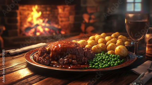 A traditional British pub scene with a plate of roast beef, potatoes, peas, and gravy, placed in front of a warm fireplace with a rustic wooden table