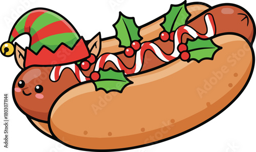 Cute Christmas Elf Hot Dog Illustration with Holly and Candy Cane Decorations, a Festive and Whimsical Holiday Food Cartoon.
