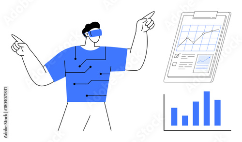 Man wearing virtual reality headset interacting with data, circuit lines on shirt, and analytics charts. Ideal for technology, innovation, data science, research, education, future automation