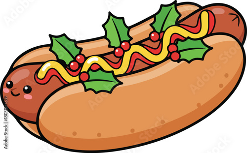 Cute Cartoon Christmas Hot Dog Illustration, Happy Festive Frankfurter with Holly and Berries, Kawaii Holiday Fast Food Character with Mustard and Ketchup