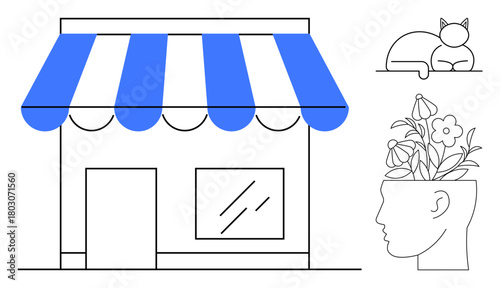 Minimalist shop facade with a blue-striped awning, a sleeping cat, and a human head blooming with flowers. Ideal for business, creativity, mindfulness, mental health, simplicity, relaxation small