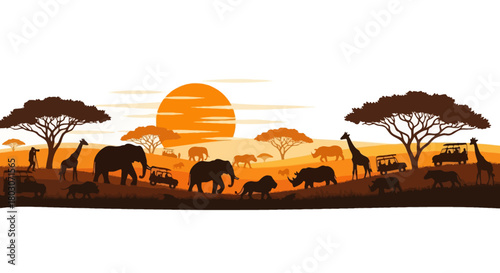 African Safari Sunset Silhouette - Wild Animals & Landscape Vector