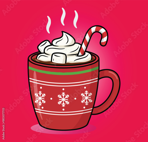 Festive Hot Chocolate Mug with Whipped Cream, Marshmallows, and Candy Cane - Cozy Christmas Cocoa Drink Illustration.