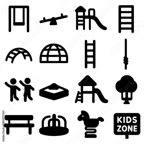 Playground Equipment Icons: A collection of various playground equipment icons, designed in a sleek and minimalist style. The icons depict classic elements of a playground. 