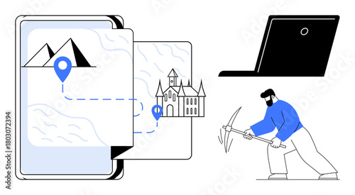 Map with mountain and castle, laptop, miner digging. Ideal for travel, exploration, data mining, digital solutions, technology education virtual adventure. Simple flat metaphor