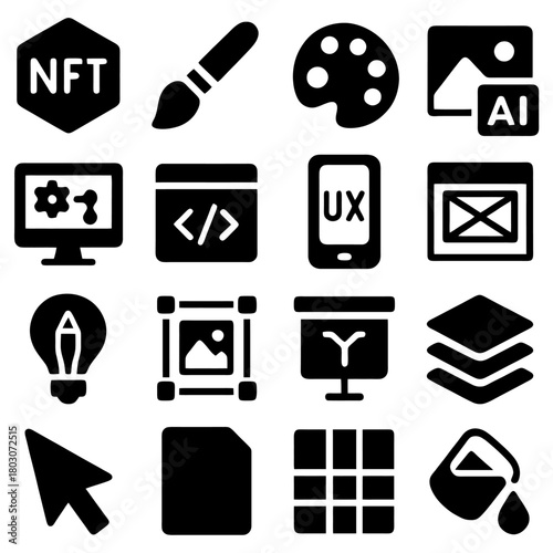 Design and Innovation: A comprehensive collection of design elements and icons, a visual representation of the creative process and innovative concepts. 