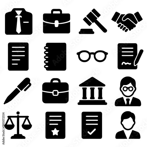 Legal Icons: A collection of black and white icons representing the tools and symbols of law, justice, and the legal profession.