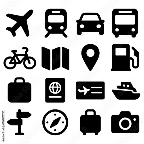Essential Travel Icons: A minimalist arrangement of crucial symbols, meticulously crafted to represent diverse modes of transport and vital travel accessories.