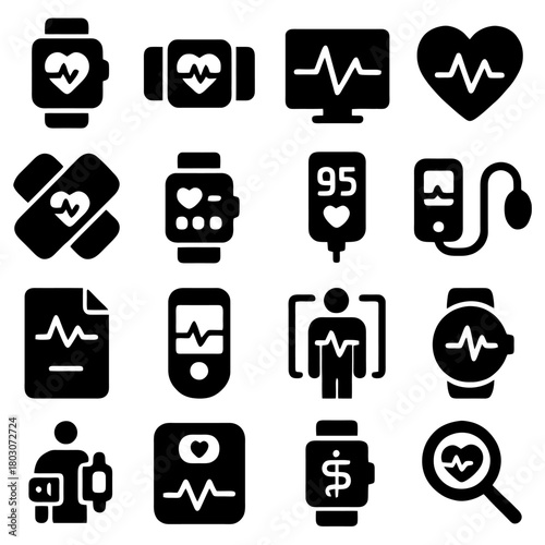 Heart Health Icons: An array of healthcare icons, meticulously crafted to represent key aspects of cardiovascular wellness. This image encapsulates the essence of monitoring, diagnosis.