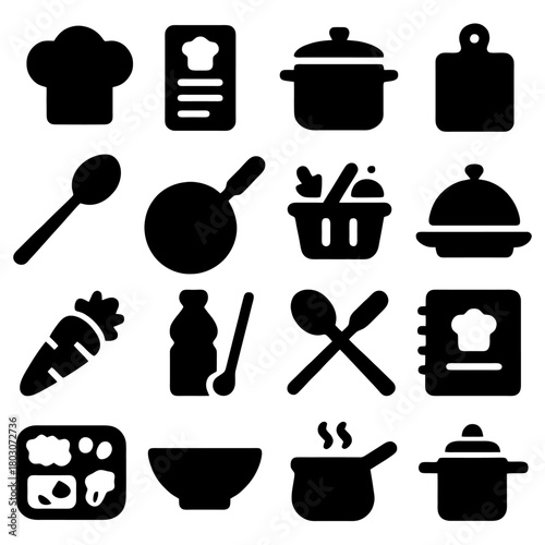 Culinary Icons: A collection of culinary icons, representing various kitchen utensils and food-related symbols, designed for culinary and recipe-related projects.