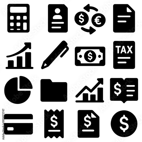 Financial Icons: An array of financial icons in a bold, monochrome style, offering a visual vocabulary of essential elements for financial management and economic concepts.