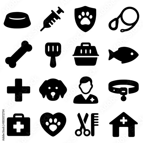 Pet care essentials: A collection of icons representing essential elements for pet care and well-being. From food bowls and syringes to safety shields and leashes.