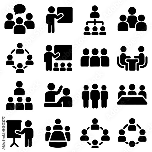 Business Icons Collection: A curated ensemble of simple, stylish business icons, depicting a range of professional scenarios. Presenting a versatile visual resource for design and communication needs.