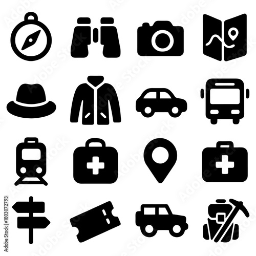 Traveling Essentials Icon Set: A comprehensive collection of iconic symbols representing the essential elements for travel and exploration, from navigation to photography, and first aid.