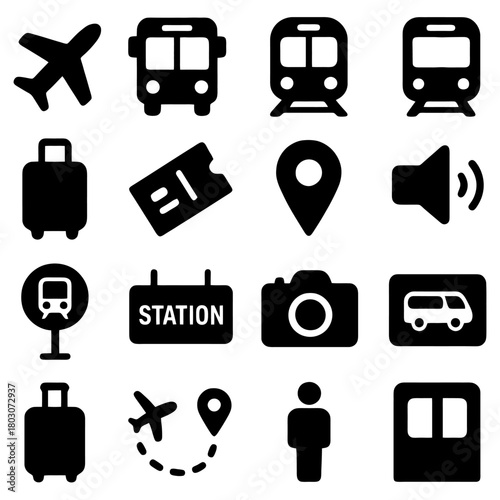 Transportation and Travel Icons: A visually informative collection of transportation and travel-related icons, each symbol representing various modes of transport and essential travel elements.