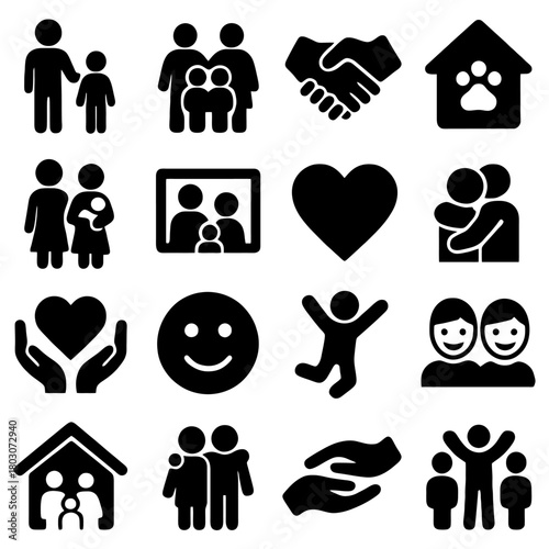 Family and Community Icons: A set of minimalistic icons representing various aspects of family life and community, featuring illustrations of individuals, groups, gestures.