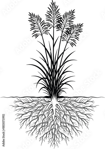 Hand drawn sugarcane plant illustration with root system, vintage engraving style sketch, black and white botanical agriculture vector, grass roots diagram
