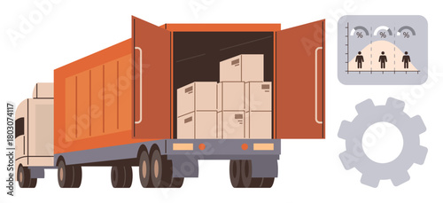 Truck with open trailer carrying boxes, logistics data chart, and gear icon. Ideal for logistics, transport, supply chain, freight delivery, inventory management, operations business planning