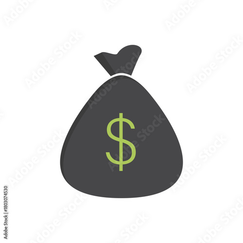Minimalist dark money bag icon with a green dollar symbol on a clean white background, designed for finance, wealth, savings, banking, and business interface applications