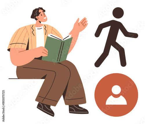 Man sits reading book and gesturing expressively, with a walking figure icon and user profile symbol nearby. Ideal for learning, education, storytelling, creativity, community, communication