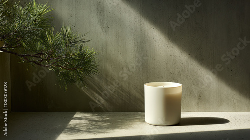 white candle elegantly placed against backdrop of grey concrete and pine branch exuding calm