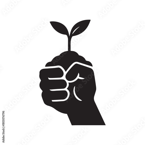Hand holding a young plant rising from the earth symbol of growth and nature conservation ideal for environmental awareness campaigns silhouette