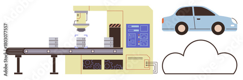 Conveyor belt moving parts with robotic arm, cloud icon, and car symbolizing manufacturing systems. Ideal for industry 4.0, automation, IoT, smart factories, cloud solutions innovation production