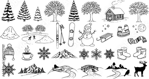 Hand-drawn winter collection featuring icons of trees, snowman, cabin, skis, snowflakes, and cozy accessories on white background.