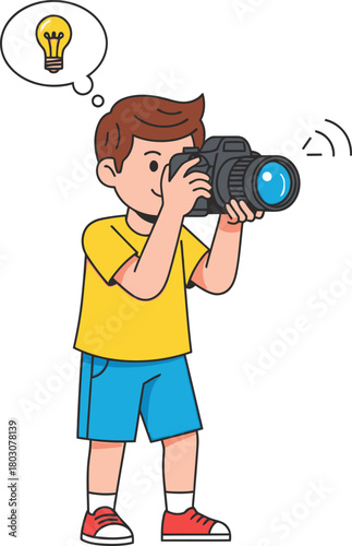 Cartoon boy taking a photo with a camera and a creative idea