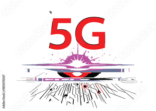 5G technology concept with smartphones and abstract explosion on white background Keywords: 5G, technology, mobile