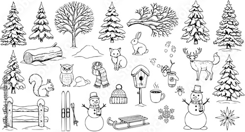 Winter Season Hand Drawn Doodle Set: Forest Trees, Cute Animals (Deer, Fox, Rabbit, Owl, Squirrel), Snowman, Sled, Skis, Hat, Scarf, and Hot Drink Elements
