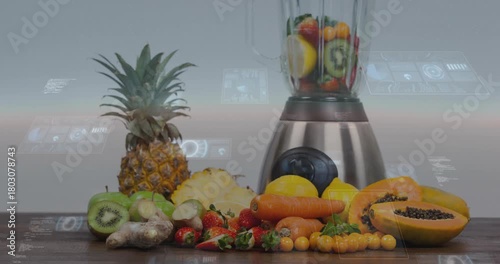 On UI start holo tiles appearing and drifting, reflecting on blender, showing smart features