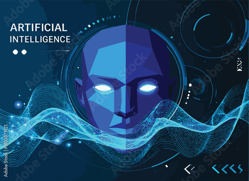 Abstract Blue Humanoid Head with Digital Waves and AI Text artificial intelligence